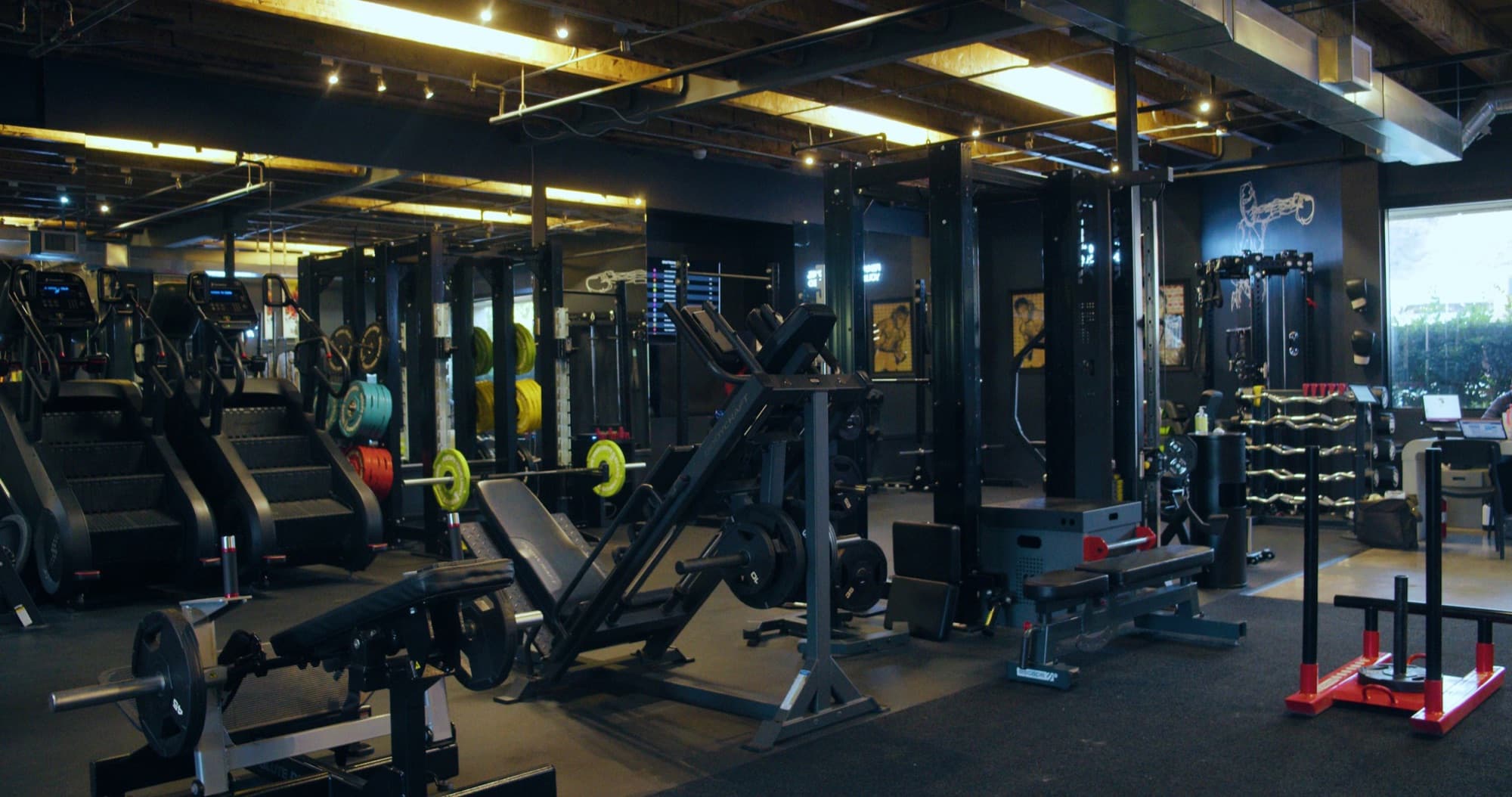 Squat racks, cables and sleds in the weight room